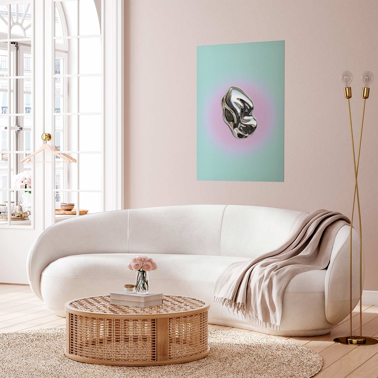 Poster - Metallic Form - abstract sculpture on a mint background with a purple halo – Bild 5