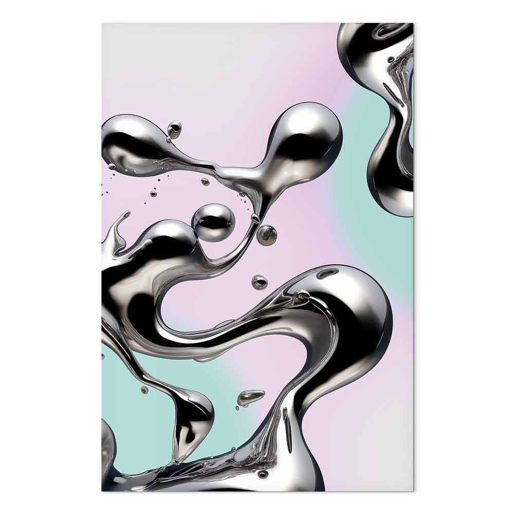 Leinwandbild - Metallic Fluidity - Abstract Silver Forms on a Mint-Purple Background – Bild 2