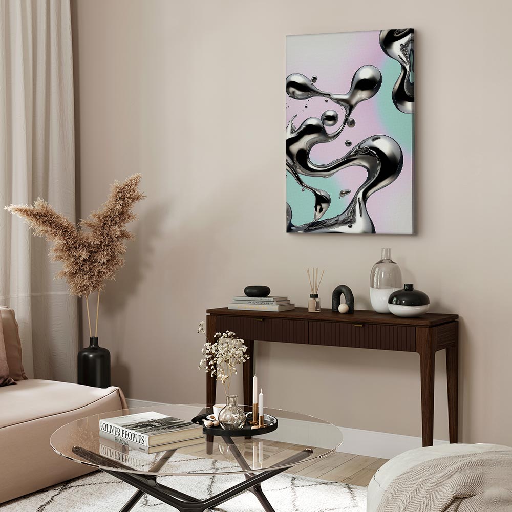 Leinwandbild - Metallic Fluidity - Abstract Silver Forms on a Mint-Purple Background – Bild 5