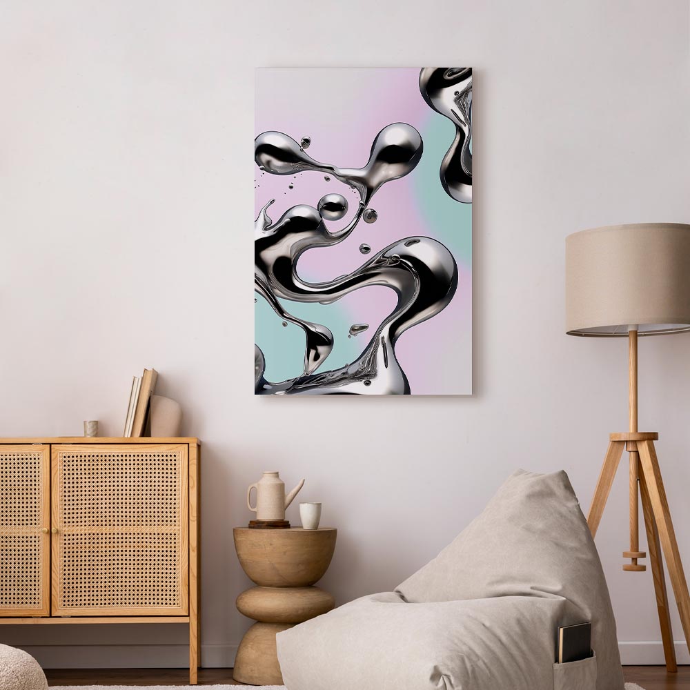 Leinwandbild - Metallic Fluidity - Abstract Silver Forms on a Mint-Purple Background – Bild 6
