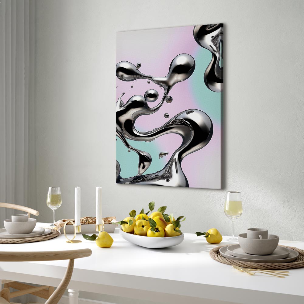 Leinwandbild - Metallic Fluidity - Abstract Silver Forms on a Mint-Purple Background – Bild 7
