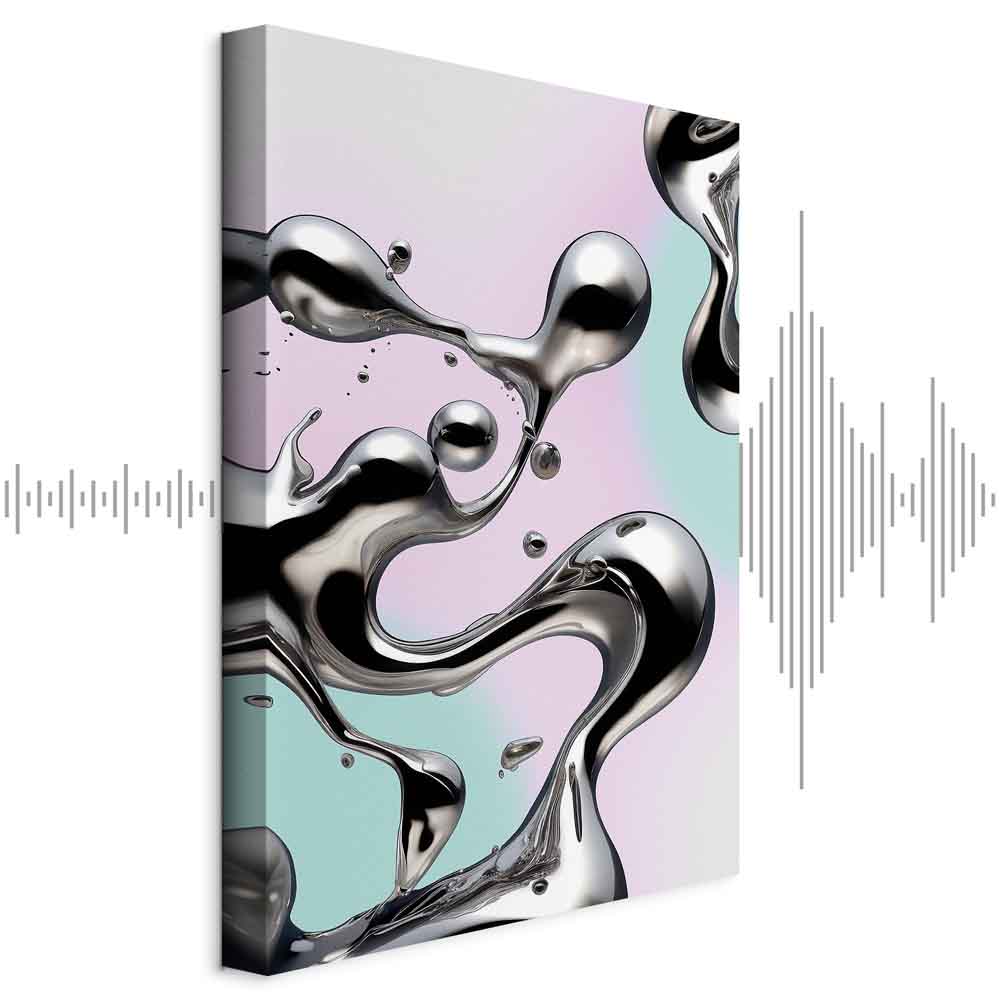 Leinwandbild - Metallic Fluidity - Abstract Silver Forms on a Mint-Purple Background