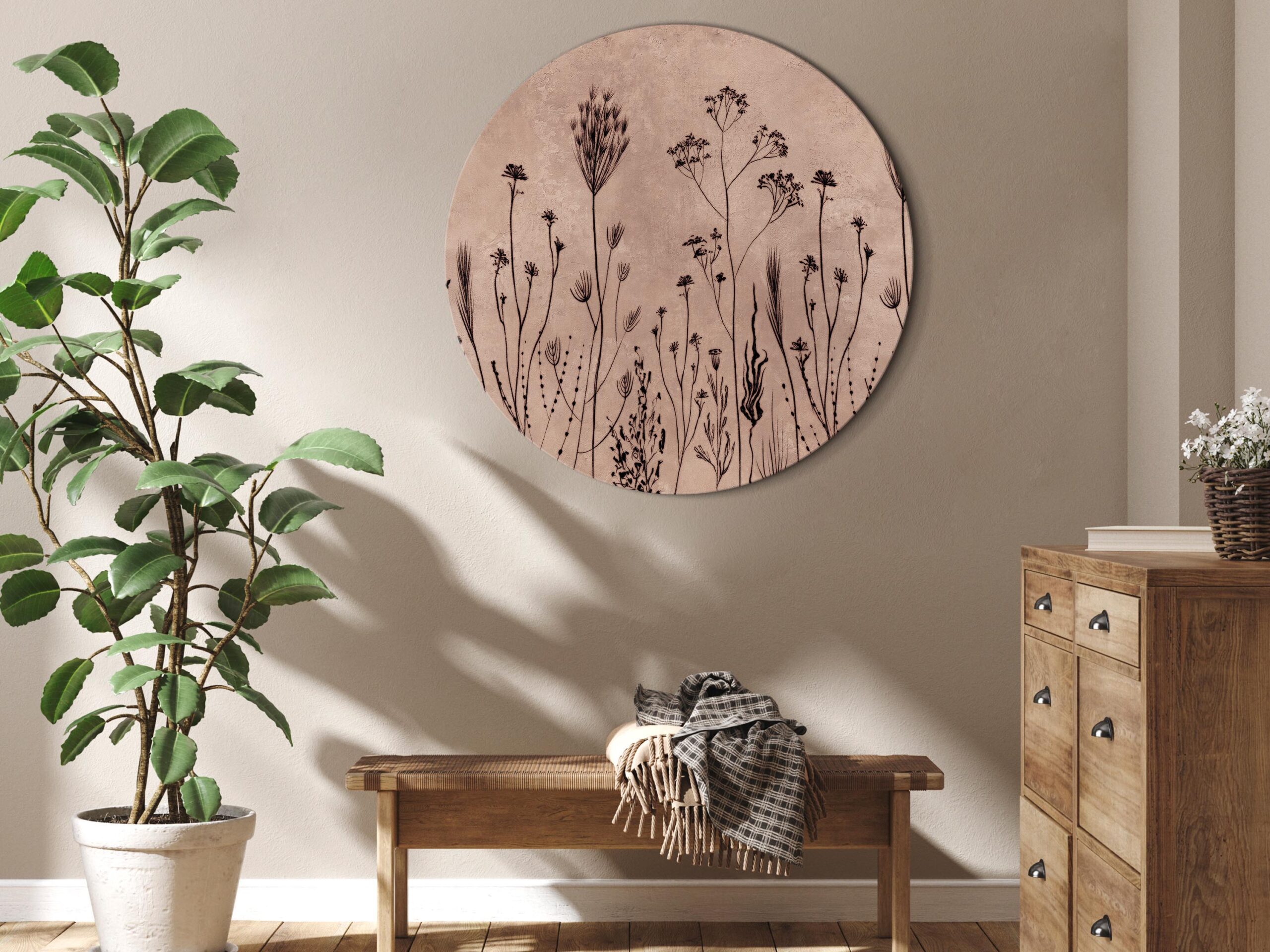 Rundes Bild - Wildflowers – black plants on lime-wash background