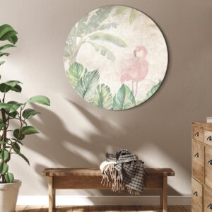 Rundes Bild - Birds wading among exotic flora - Flamingos amidst lush tropical vegetation in soft pastel shades of green