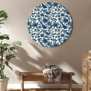 Rundes Bild - Birds and roses - monochrome blue pattern with botanical motif