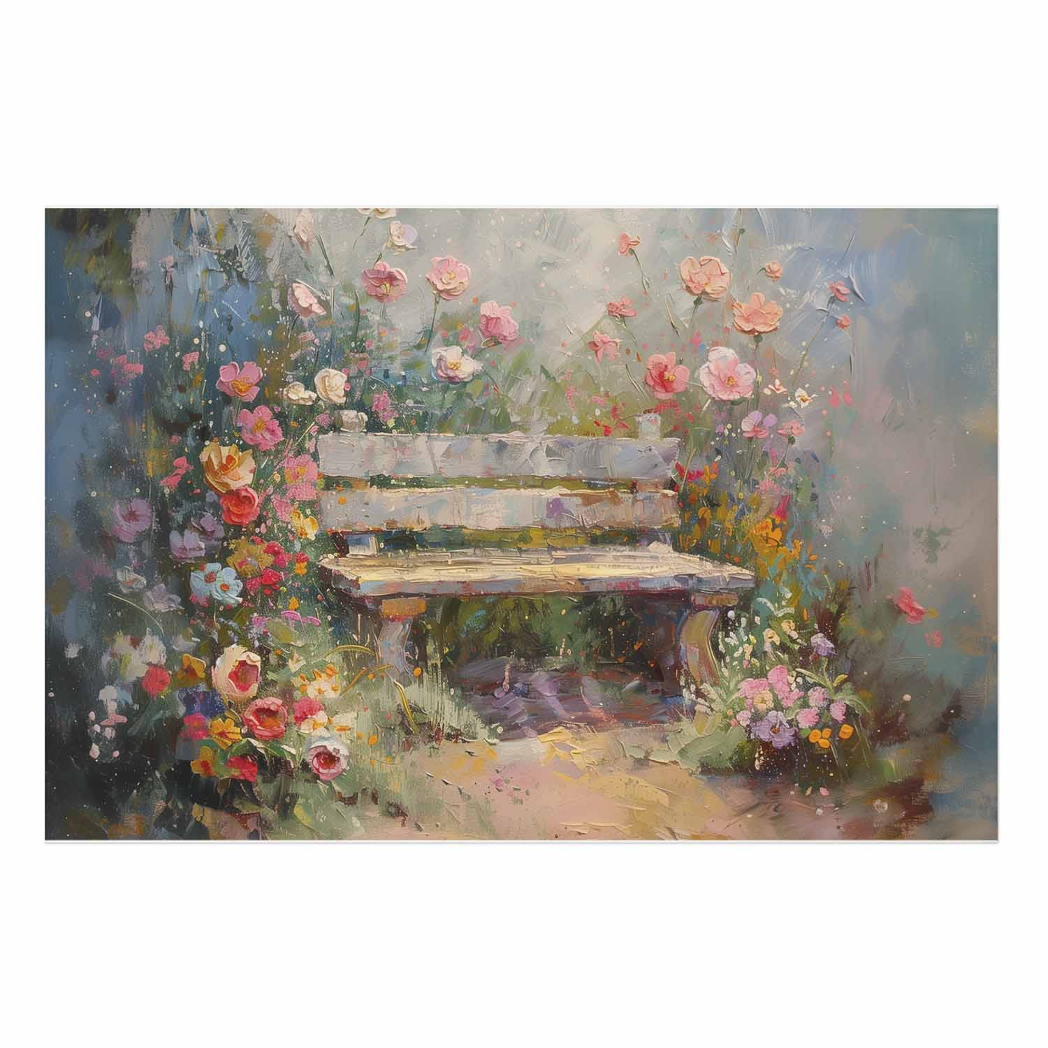 Poster - Flowery bench - impressionist painting full of flowers – Bild 2