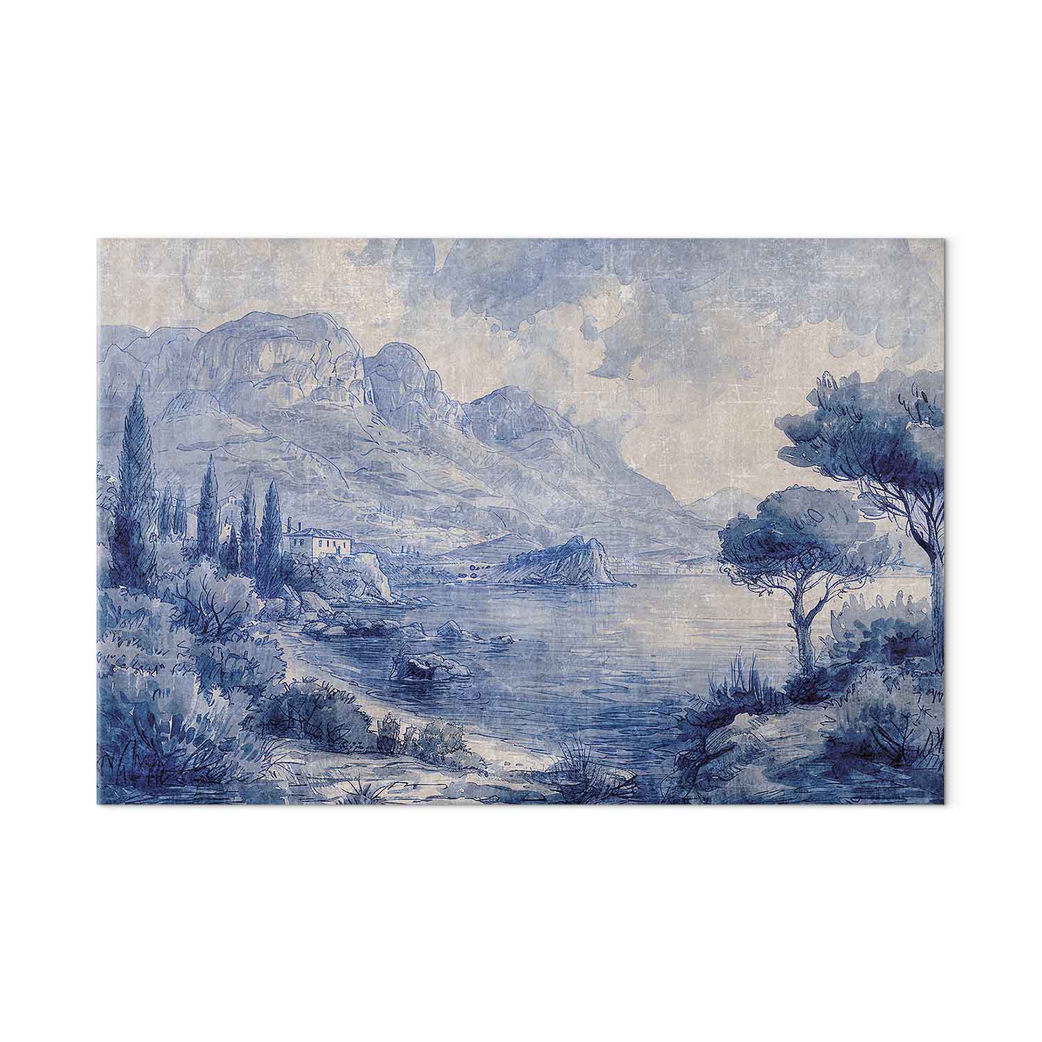 Leinwandbild - Blue Bay - Italian landscape of Lake Como painted with blue ink