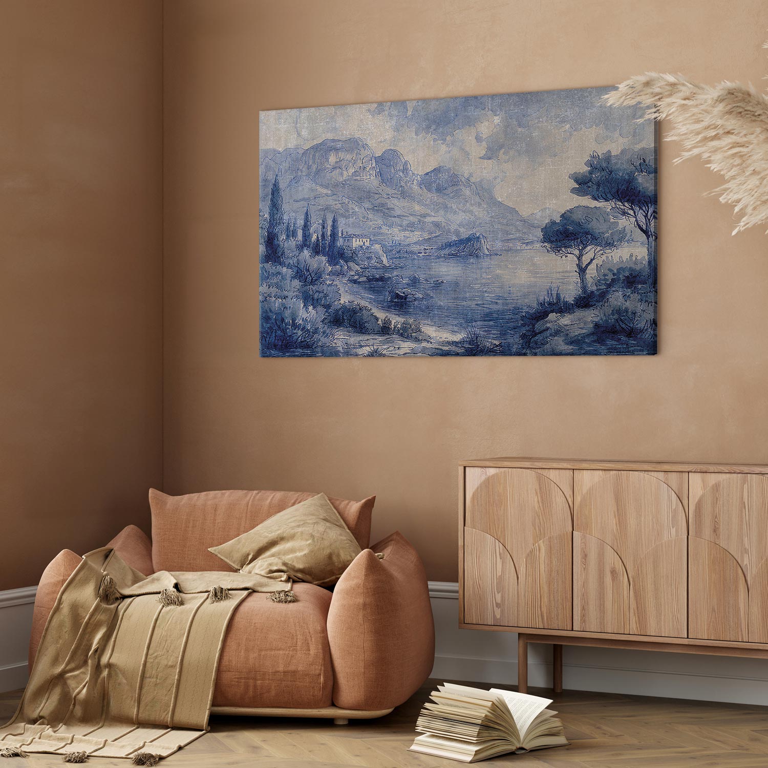 Leinwandbild - Blue Bay - Italian landscape of Lake Como painted with blue ink – Bild 2