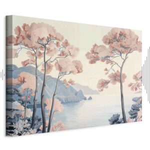 Leinwandbild - Landscape with the Ocean Cliffs and Trees in Delicate Pink Shades