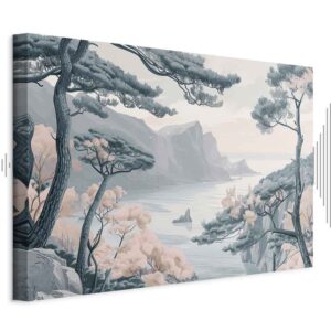 Leinwandbild - Mountainous Coast with Trees and Rocks in Light Pastel Blues