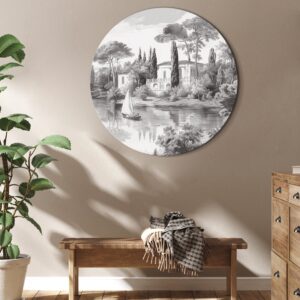 Rundes Bild - Black and white vintage landscape with a pond