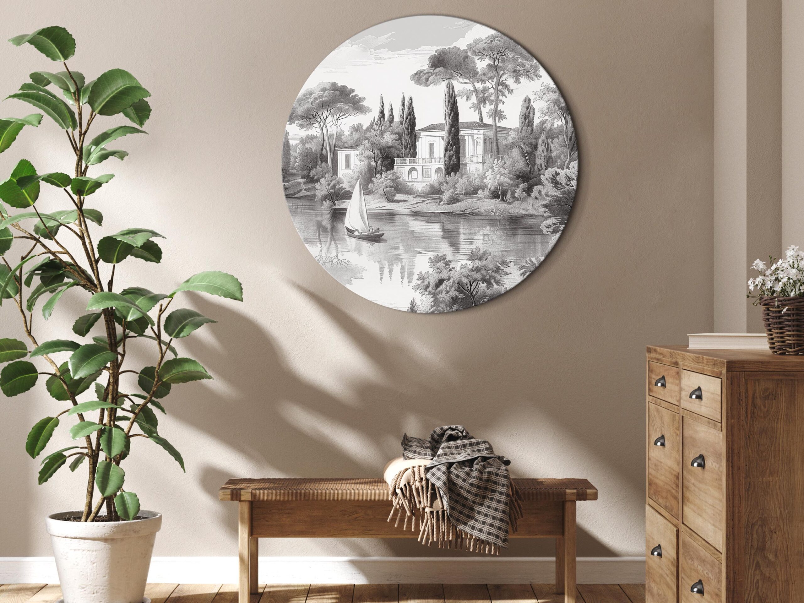 Rundes Bild - Black and white vintage landscape with a pond