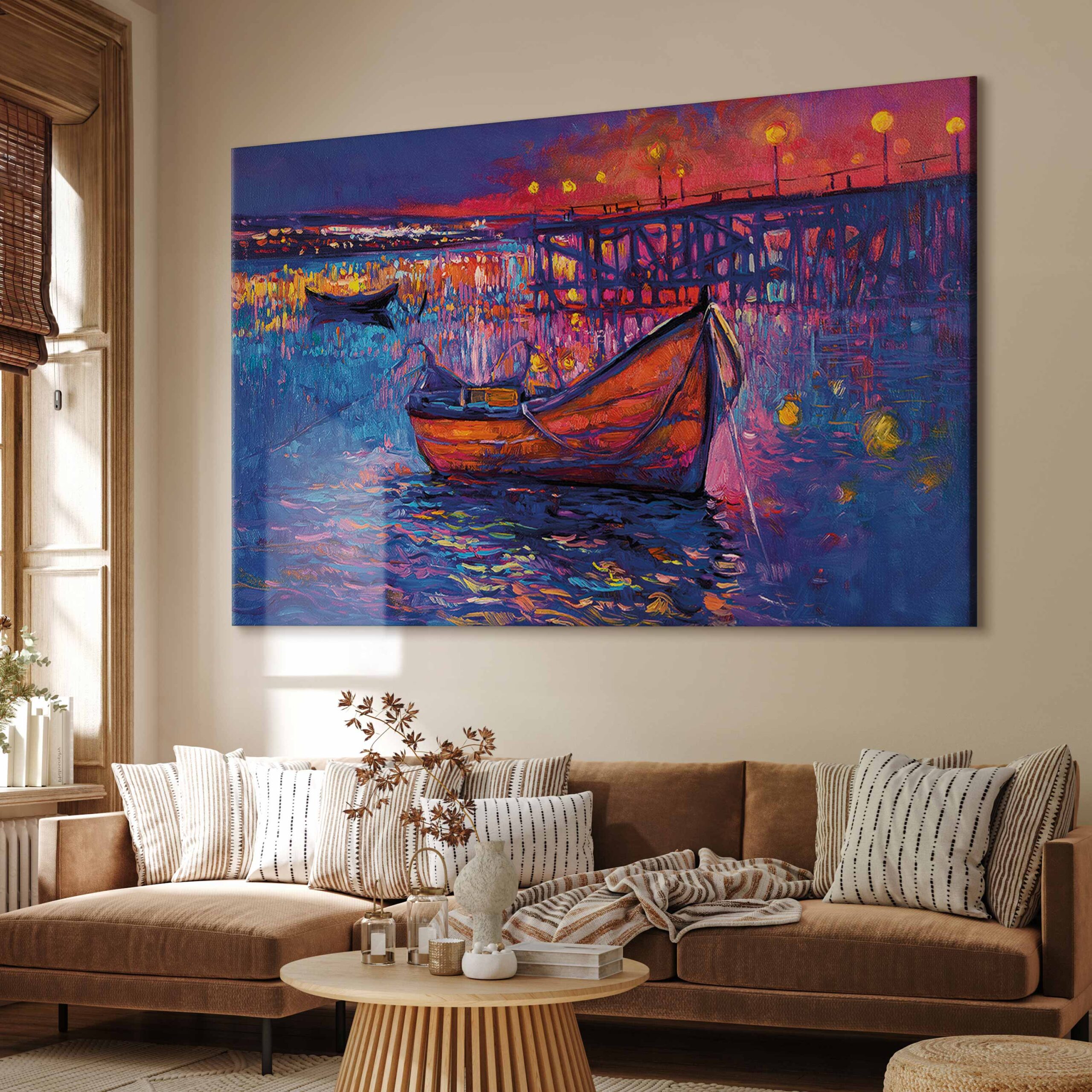 Wandbild XXL - Modern impressionism - night landscape of a lake with a floating boat – Bild 5