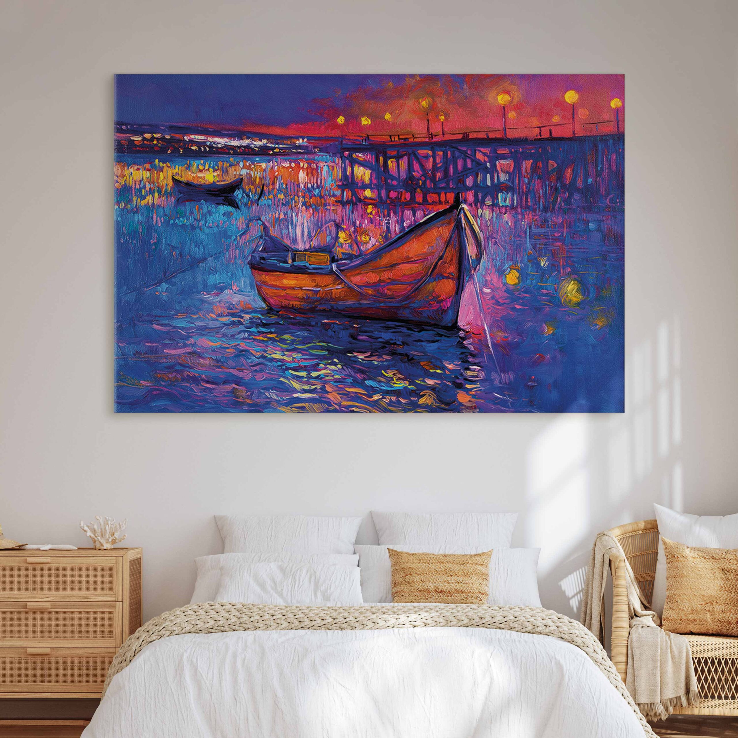 Wandbild XXL - Modern impressionism - night landscape of a lake with a floating boat – Bild 6