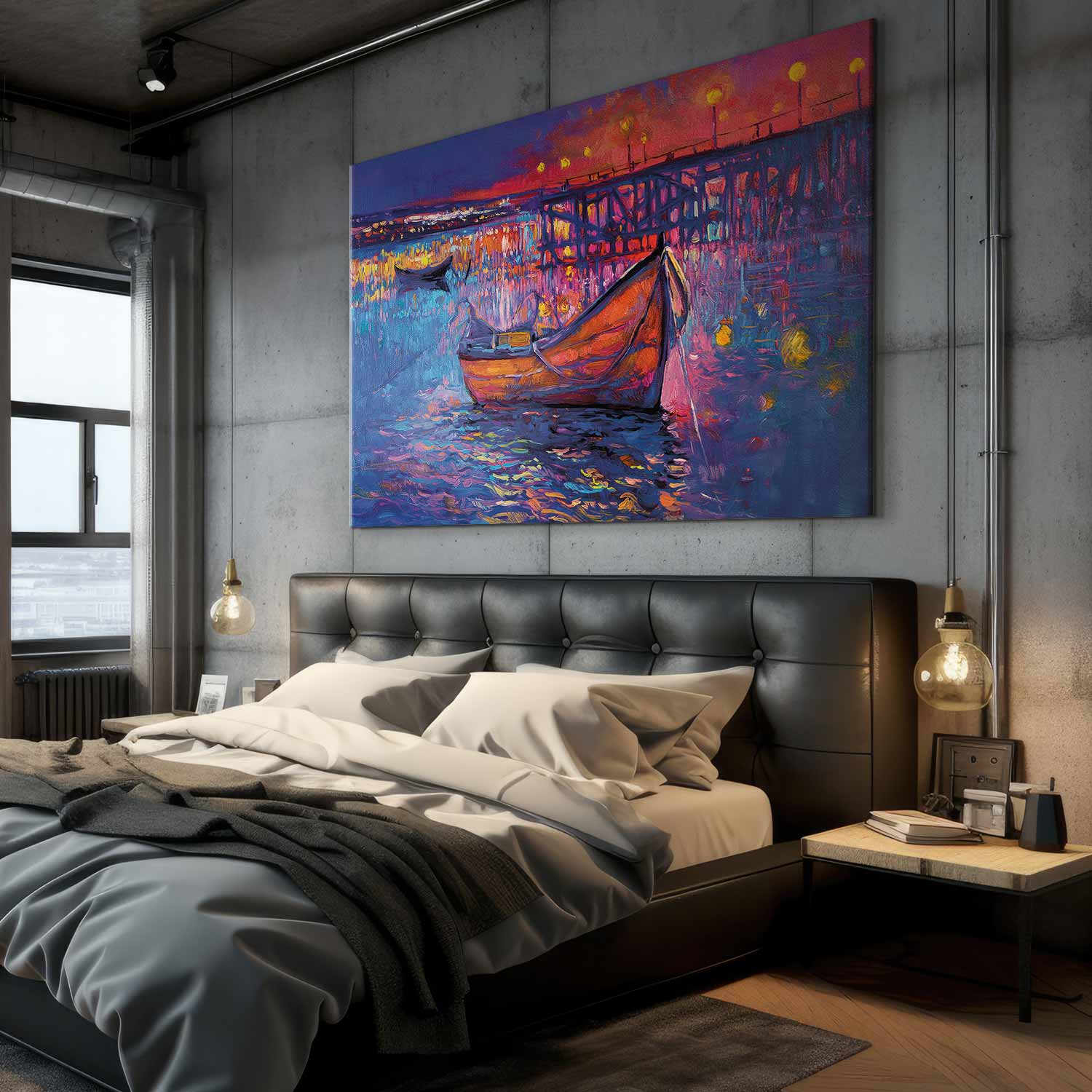 Wandbild XXL - Modern impressionism - night landscape of a lake with a floating boat – Bild 7