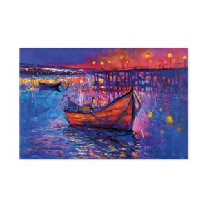 Leinwandbild - Modern impressionism - night landscape of a lake with a floating boat