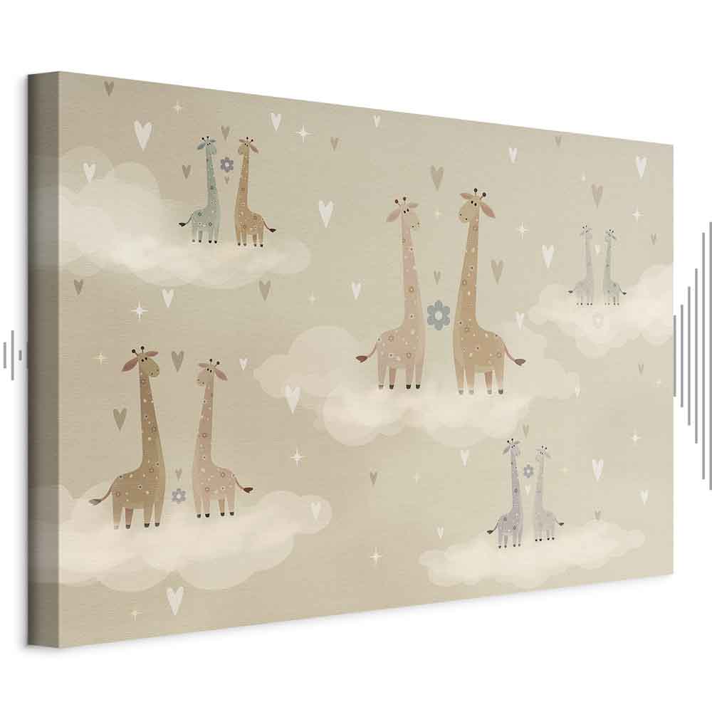 Leinwandbild - Love - Colorful Giraffes Floating on Clouds Among Hearts and Stars