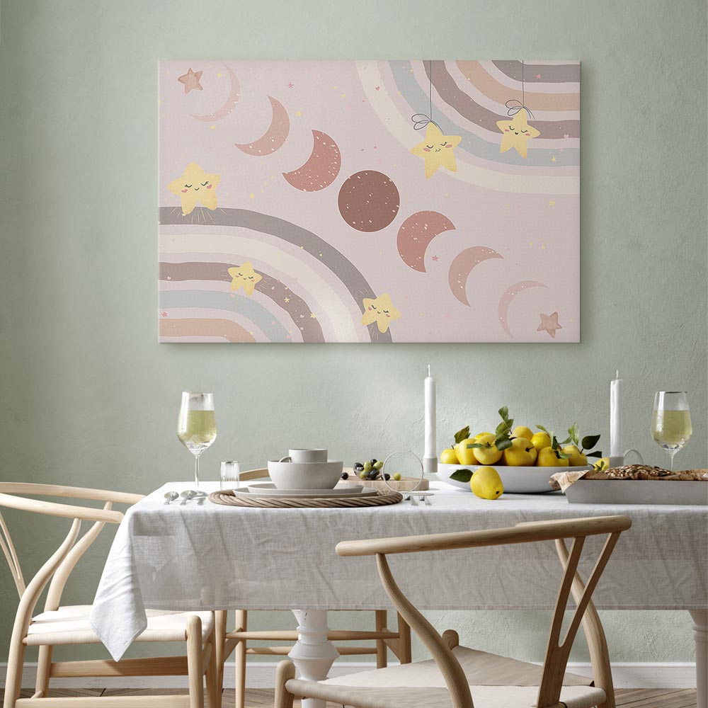 Leinwandbild - Joyful Sky - Yellow Cheerful Stars with a Rainbow Against the Phases of the Moon in a Light Beige Sky Hue – Bild 7