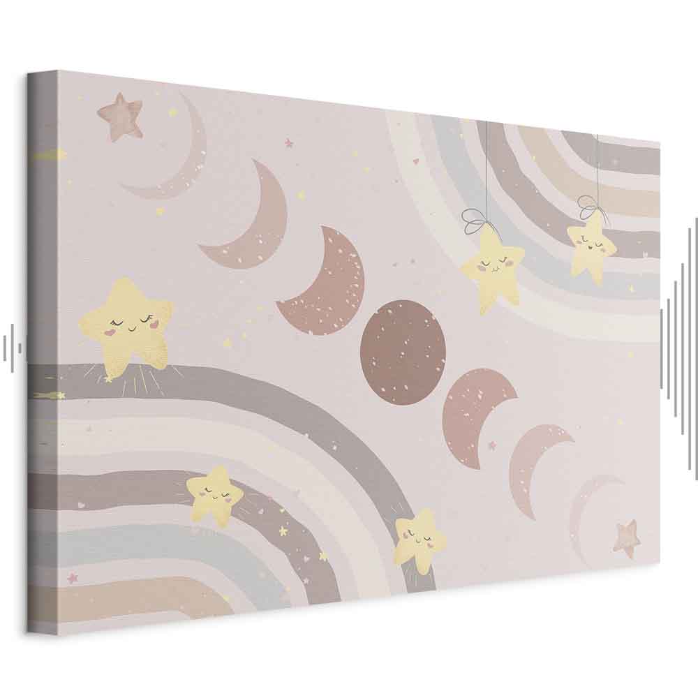 Leinwandbild - Joyful Sky - Yellow Cheerful Stars with a Rainbow Against the Phases of the Moon in a Light Beige Sky Hue
