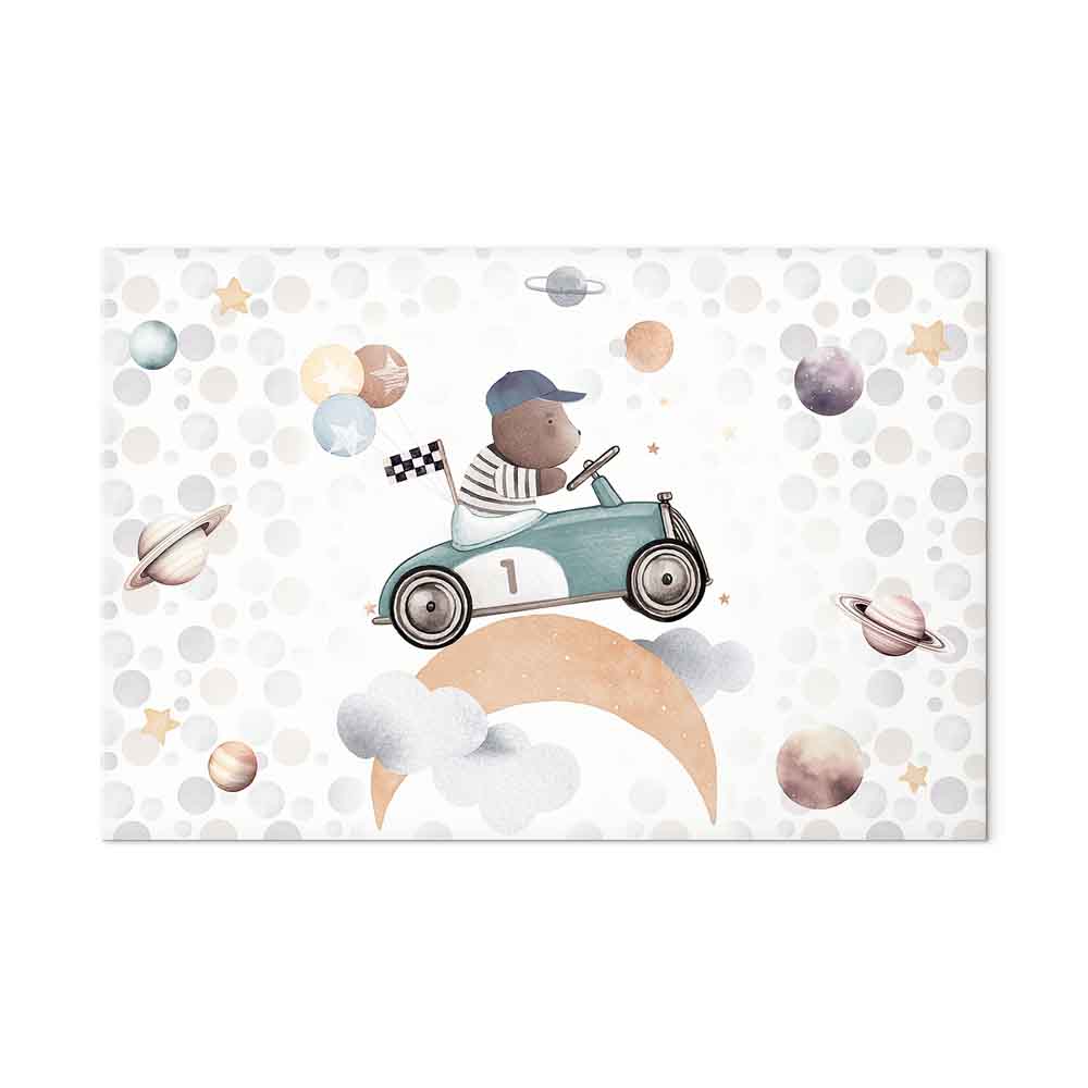 Leinwandbild - Galactic Races - A Bear Participating in Car Races Among Planets Clouds and Stars in Pastel Hues – Bild 2