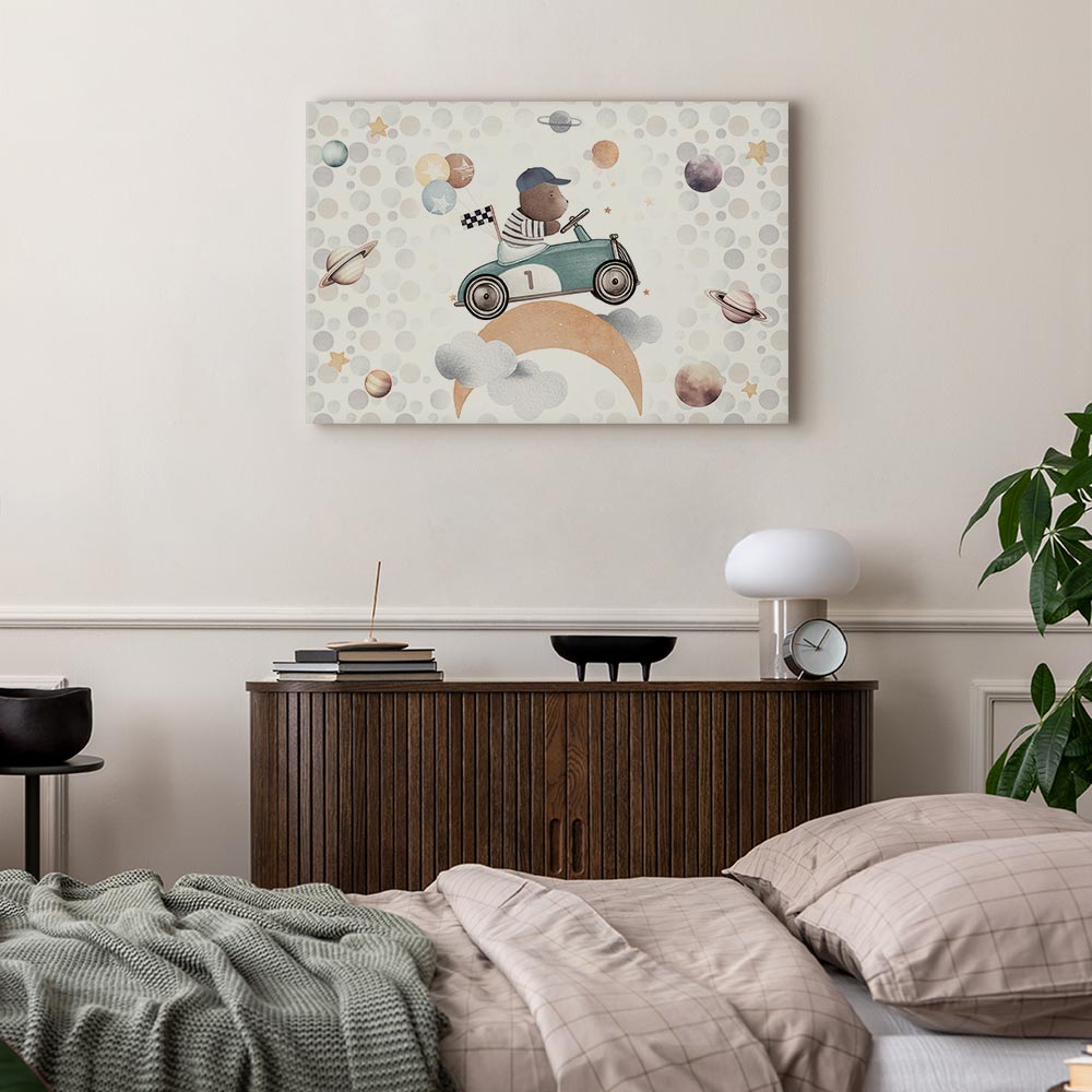 Leinwandbild - Galactic Races - A Bear Participating in Car Races Among Planets Clouds and Stars in Pastel Hues – Bild 6