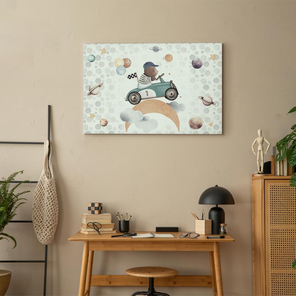 Leinwandbild - Galactic Races - A Bear Participating in Car Races Among Planets Clouds and Stars in Pastel Hues – Bild 7