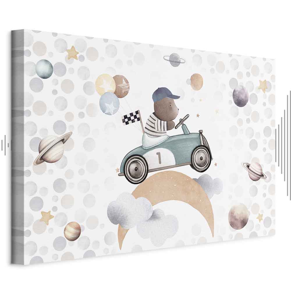 Leinwandbild - Galactic Races - A Bear Participating in Car Races Among Planets Clouds and Stars in Pastel Hues