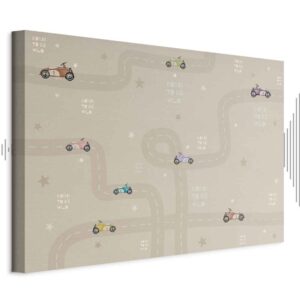 Leinwandbild - Race - Colorful Cars on a Road on a Beige Background with Inscriptions