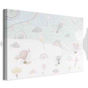 Leinwandbild - Sky with Balloons - Balloons in Subdued Colors Flying in the Sky Among Clouds Rainbows and Stars