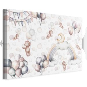 Leinwandbild - Toy Bears with Balloons - Flying Plush Bears Among Balloons Clouds and Rainbows in Subtle Pastel Hues