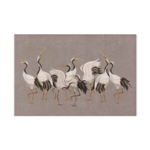 Leinwandbild - Crane dance – bright silhouettes of birds against a warm grey background with texture