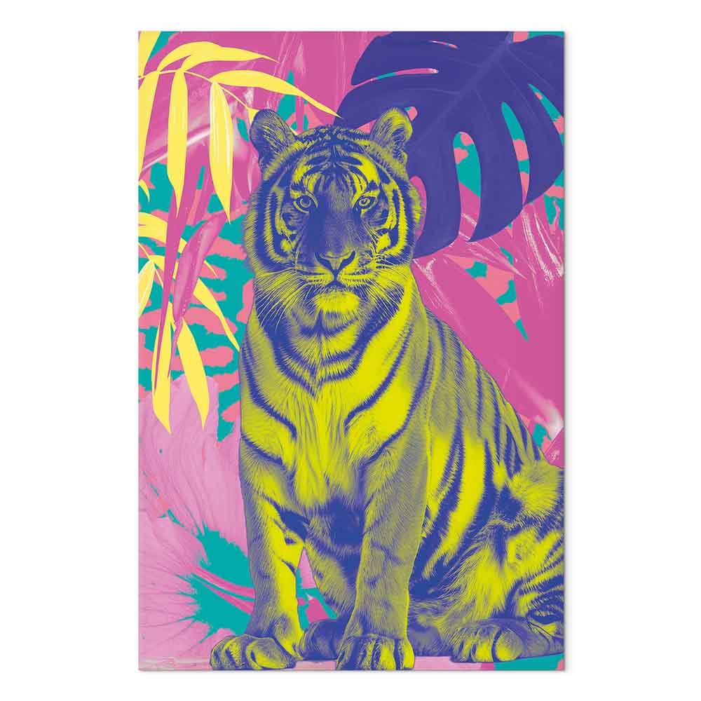 Leinwandbild - Colorful Tiger - Intense Colors of a Tiger Surrounded by Tropical Plants – Bild 2