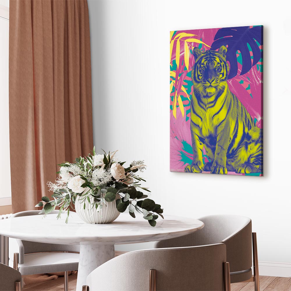 Leinwandbild - Colorful Tiger - Intense Colors of a Tiger Surrounded by Tropical Plants – Bild 5