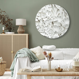 Rundes Bild - Carved Nature - Pattern With White Leaves Made of Stone